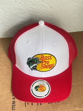 Bass Pro Shops two toned Red- White & embroidered Yellow Logo Trucker Hat
